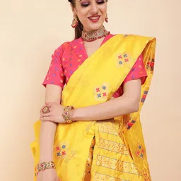 Sangria Yellow Woven Design Zari Silk Blend Assamese Mekhela Chador-picture-23