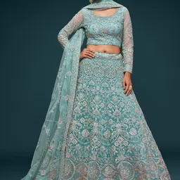 FABPIXEL Turquoise Blue & Silver-Toned Embroidered Semi-Stitched Lehenga Choli Set-picture-14