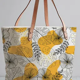 STYBUZZ White Tropical Print Shopper Tote Bag With Vegan Leather Handles-picture-35