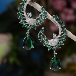 ZENEME Rhodium-Plated American Diamond Studded Feather Shaped Drop Earrings-picture-45
