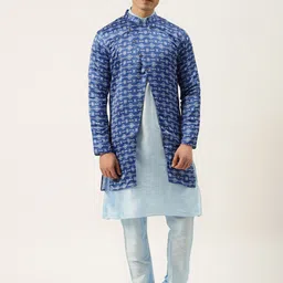 SOJANYA Men Blue Kurta with Churidar & Printed Jacket-picture-2