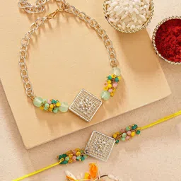 KARATCART Multicolor Crystal Gold Square Kundan Bhaiya Bhabhi Rakhi with Roli & Chawal-picture-26