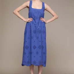 MANGO Blue Self Design Pure Cotton Sustainable Square Neck Schiffli A-Line Midi Dress-image-34