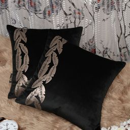 HOSTA HOMES Black & Gold Set of 2 Foil Printed Velvet Square Cushion Covers 16 X 16 INCH-picture-45