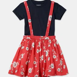 ZION Girls Printed Flared Cotton Dungaree Dress With T-Shirt-image-80