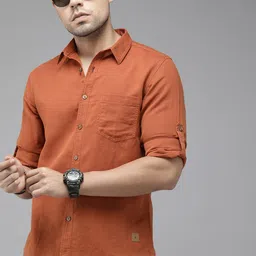 Roadster Men Rust Orange Regular Fit Solid Cotton Linen Sustainable Casual Shirt-image-8