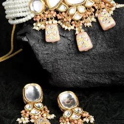 KARATCART Gold-Plated Peach Coloured White Kundan Studded Choker Necklace Set-image-34