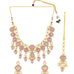 aadita Gold-Plated Pink & White AD Studded & Beaded Jewellery Set image 1