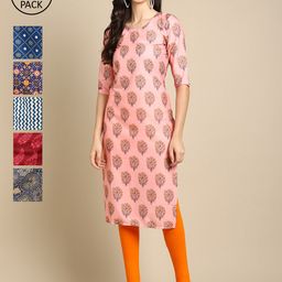 7Threads Women Pink & Blue Pack of 6 Floral Printed Crepe Kurtas-picture-38