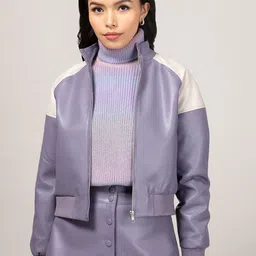 20Dresses Women Lavender Off White Colourblocked Crop Leather Jacket-picture-34