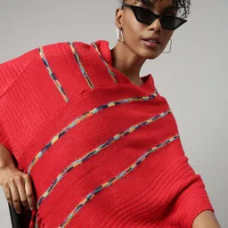SHOWOFF V-Neck Three-Quarter Sleeves Striped Longline Poncho with Fringed Detail-picture-24