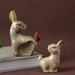 TAYHAA Brown & White 2 Pieces Printed Ceramic Rabbit Showpieces-picture-14