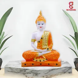 GW CREATIONS White & Orange Buddha Marble Idol Showpiece-image-76