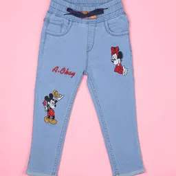 F2M Kids Slim Fit High-Rise Mildly Distressed Light Fade Mickey Mouse Embroidered Jeans-picture-19