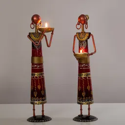 Home Centre Set of 2 Red Printed Iron Lady Musician with Tealight Holder-picture-34