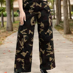 STREET 9 Women Olive Green Camouflage Printed Relaxed Straight Leg Loose Fit Trousers-image-83