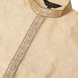 SOJANYA Men Golden & Off-White Self Design Straight Kurta with Churidar image 4