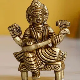 Gold Brass Goddess Saraswati Idol on Chowki by eCraftIndia image 1