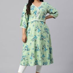Aurelia Women Green Circular Floral Printed Liva Plus Size Kurta-image-87