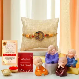 eCraftIndia Set Of 5 Peacock Design Beaded Rakhi With Monk Buddha Statues & Roli Chawal-picture-29