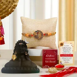 eCraftIndia Set Of 2 Peacock Detailed Rakhi With Adiyogi Lord Shiva Statue, Roil Chawal-picture-43