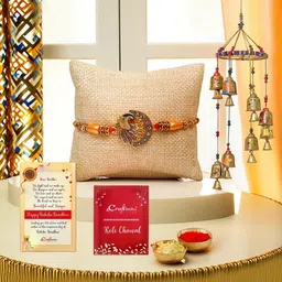 eCraftIndia Set Of 2 Peacock Rakhi With Hanging Bells & Rholi Chawal-image-23