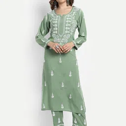 ADA Ethnic Motifs Embroidered Chikankari Kurta with Trousers-picture-11