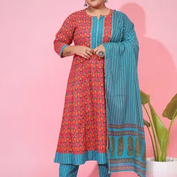 Vbuyz Plus Size Ethnic Motifs Printed Gotta Patti A Line Kurta With Trousers & Dupatta-picture-0