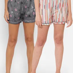 FashionRack Women Grey & Multicoloured 2 Printed Lounge Shorts-picture-22
