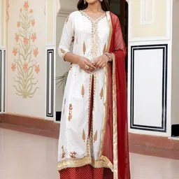 Janasya Ethnic Motifs Printed Sequined Pure Cotton A-Line Kurta & Palazzos With Dupatta-picture-1