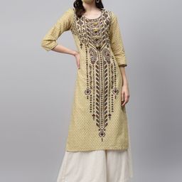 Biba Women Mustard Yellow Brown Printed Pure Cotton Straight Kurta-picture-37