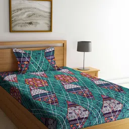 Arrabi Sea Green & Navy Blue Ethnic Motifs 300 TC Single Bedsheet with 1 Pillow Covers-picture-29