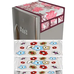 Dakshya Industries Maroon & Blue Floral Printed Waterproof Fridge Cover With 3 Fridge Mats-picture-14