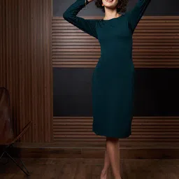 Athena Green Round Neck Long Sleeves Tie-Ups Sheath Dress-image-53