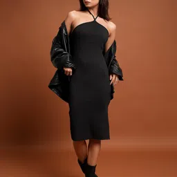 Tokyo Talkies Black Halter Neck Sheath Midi Dress-image-74