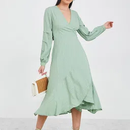 Styli Women Sea Green Long Sleeves Frill Detail Wrap Midi Dress-image-91
