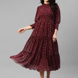 DEEBACO Floral Print Puff Sleeve Georgette A-Line Midi Dress-picture-50