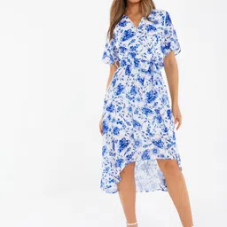 QUIZ Floral Printed V-Neck Dipped Hem Flared Sleeve Wrap Dress-image-0