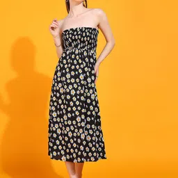 DODO & MOA Black Floral Printed Strapless Smocked A-Line Dress-picture-39