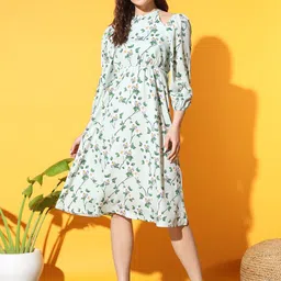 Slenor Floral Print Cuffed Sleeves Crepe A-Line Midi Dress-image-5