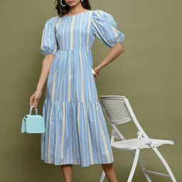 Vishudh Striped Puff Sleeves Gathered Cotton A-Line Midi Dress-picture-36