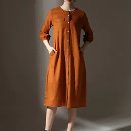 Dora Dori Rust Round Neck Puff Sleeves Thread Work Cotton Linen A-Line Midi Dress image 1