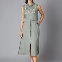 W Green & White Floral Embroidered Shirt Midi Dress image 1