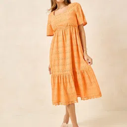 Styli Half Sleeves Self Design Square Neck Cotton A-Line Midi Dress-image-22