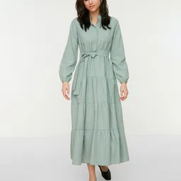 Trendyol Women Khaki Solid Tiered Fit & Flare Dress-image-17