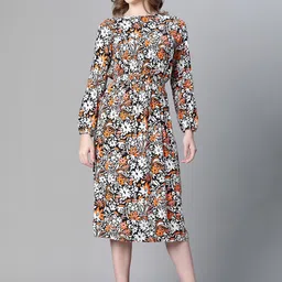 Oxolloxo Floral Printed Round Neck Fit & Flare Midi Dress-image-19