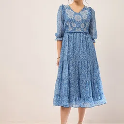 Antheaa Floral Printed Embroidered Puff Sleeve Chiffon Fit & Flare Tiered Midi Dress-picture-11