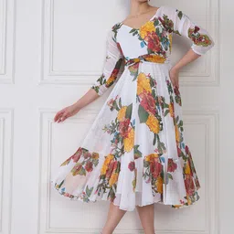 Antheaa White & Green Floral Printed V-Neck Chiffon Fit & Flare Midi Dress-image-91