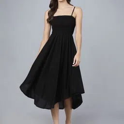 KALINI Shoulder Straps Smocked Detailed Fit & Flare Midi Dress-image-55