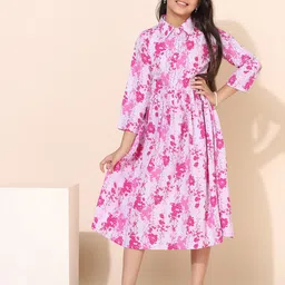 FASHION DREAM Girls Floral Printed Shirt Collar Gathered Detailed Fit & Flare Midi Dress-image-71